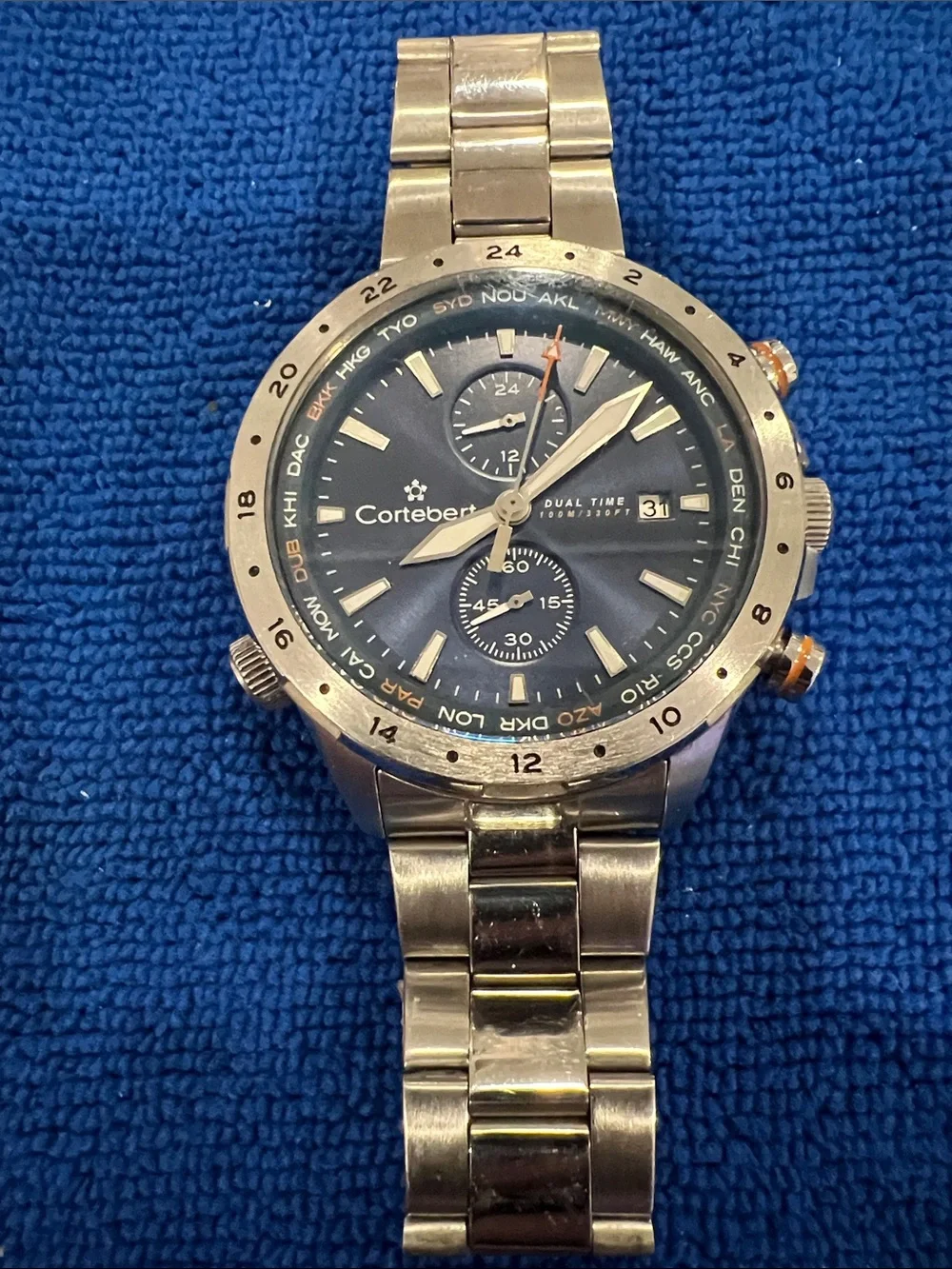 Cortebert Dual Time Blue Dial Stainless Steel Watch
